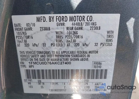 2010 Ford Escape Xlt from USA, damaged, VIN 1FMCU0D76AKC27400